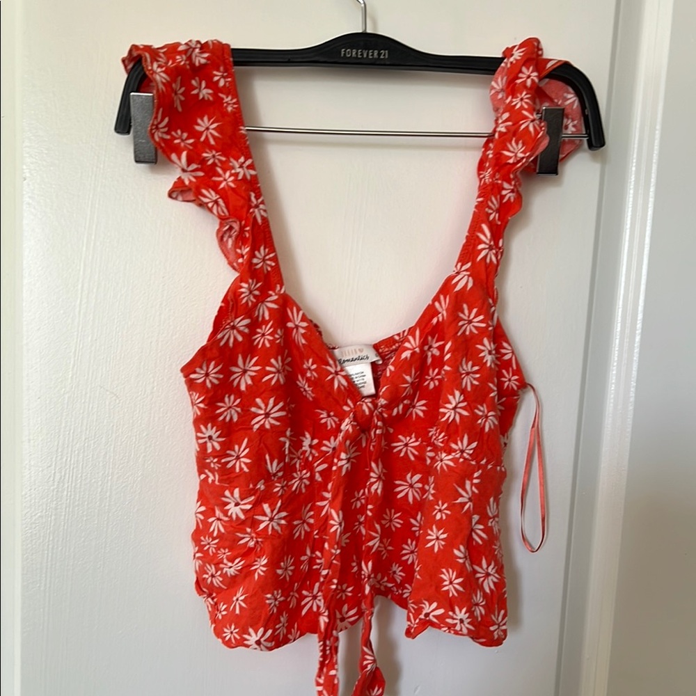 URBAN Romantics Orange Ruffled Tie Front Tank Top